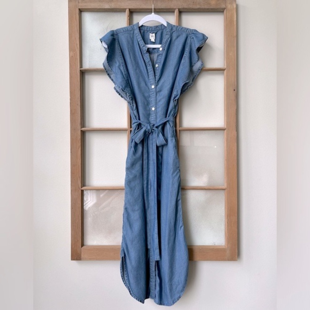 Euc Gap Flutter Sleeve Chambray Tencel Midi Shirt… - image 5